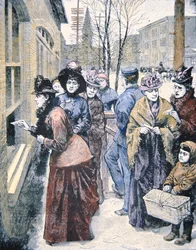 Naisten äänioikeus Yhdysvalloissa: Naiset äänestävät Wyomingin alueella voitettuaan tämän oikeuden vuonna 1869 (värikaiverrus)
