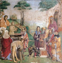 Pyhän Cecilian marttyyrikuolema, kirjoittanut Amico Aspertini (1474 tai 1475-1552), fresko, Santa Cecilian oratorio (St Cecilia), Bologna, Emilia-Romagna. Italia