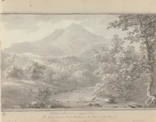 Näkymät Englannissa, Skotlannissa ja Walesissa: Llanrwstin ja Capel Cerrigin välissä vuori on Moel Shiabod, joki on Lligwy