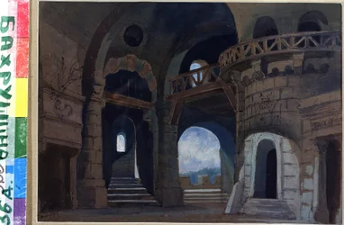 Sisustus palalle Macbeth de William Shakespeare (1564-1616) (Lavastus W.Shakespearen näytelmään Macbeth). Anatoli Fjodorovitš Geltser (1852-1918) teos, akvarelli ja guassi