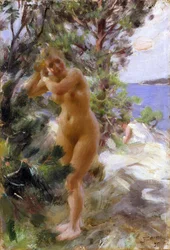 Apres le bain - Kylvyn jälkeen - Zorn, Anders Leonard (1860-1920) - 1895 - Öljy kankaalle - 53,5x36,5 - Tukholman kansallismuseo