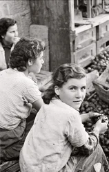 Nuoren tytön hymy kuorimassa saksanpähkinöitä, Quaglino, Napoli, Italia, noin 1955 (s/w valokuva).