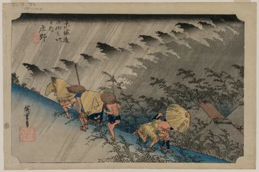Driving Rain Shonon asemalla 46 sarjasta Fifty-Three Stations of the Tokaido, 1833.