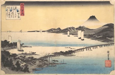 Sunset Glow at Seta Seta sekisho, sarjasta Kahdeksan näkymää Omin maakunnasta Omi ha..., 1834-35.