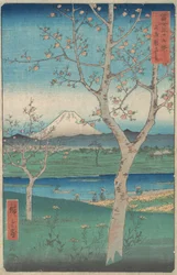 Näkymä Fuji-vuorelle Koshigayasta, Musashi Musashin maakunnasta, Kos..., 4. kuukausi, hevosvuosi 1858.