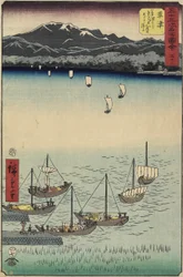 53, Rein g Boat ts Yabashi Ferryn käsiäänellä Kusatsu Bear ch, Kusatsu, 1855