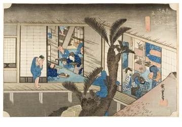 Akasaka: Tokaidon viidenkymmenenkolmen aseman sarjaan kuuluva majatalo ja palvelijattaria, n. 1831-1834 (puupiirros paperille).