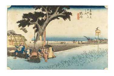 Fukuroi: Teekioski sarjasta The Fifty-three Stations of the Tokaido, noin 1831-1834 (puupiirros paperille).