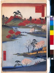 Le jardin du temple Hachiman a Fukagawa (cent vues celebres de Edo) - Oeuvre de Utagawa Hiroshige (1797-1858), estampe japonaise, vers 1858 - (Avoin puutarha Hachimanin pyhäkössä Fukagawassa (Sata kuuluisaa värinäkymää Edoon) puupiirros Hiroshige, n