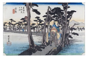 Nro 15 Yoshiwara - Fuji-vuori vasemmalla, Edo-kausi, noin 1833-34 (puupiirros paperille)