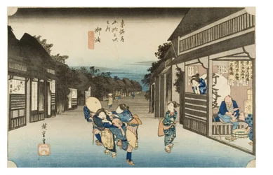 Nro 36 Goyu - Tarjoilijat pyytelevät matkustajia, Edo-kausi, noin 1833-34 (puupiirros paperille)