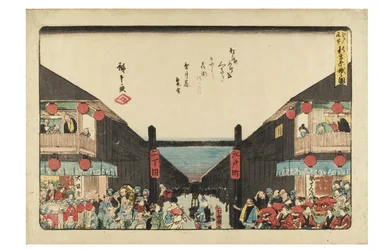 Shin Yoshiwara Niwakan festivaali sarjasta Kuuluisia paikkoja Edossa, noin 1840-1844 (puupiirros paperille).
