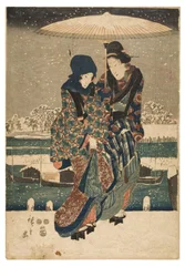 Lunta Sumida-joella sarjasta Näkymiä neljästä vuodenajasta Edon kuuluisissa paikoissa, n.1847-1852 (puupiirros paperille).