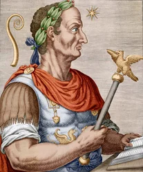 Julius Caesar teoksesta True Portraits and Lives of Illustrious Men (värillinen kaiverrus)