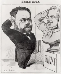 Karikatyyri Émile Zolasta (1840-1902) tervehtimässä Honoré de Balzacin (1799-1850) rintakuvaa, 1878