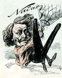 Sarjakuva Felix Nadarista, ilmakuvan pioneerista vuonna 1858, täällä roikkuu ilmapallostaan (kaiverrus)