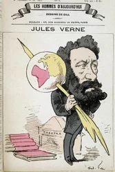 Jules Verne puristaa maata kynään - kirjoittanut Gill teoksessa "Tämän päivän miehet"
