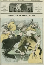 Lunion tekee farssia", karikatyyri poliittisista sanomalehdistä "L