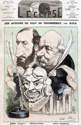 Jean de Pommeray -näytelmän kirjoittajien Emile AUGIERin (1820-1889) ja Jules SANDEAU:n (1811-1883) muotokuva kädessään koomikko Mounet-Sullyn (Jean Sully Mounet, Mounet Sully) kasvoja kuvaava naamio.