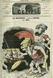 Tilanne, Adolphe Thiersin (1797-1877) ja Leon Gambettan (1838-1882) sarjakuva, joka antaa ministeriön kuninkaallisille ja bonapartistisille koirille. Kansi "" L