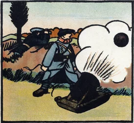 Ensimmäinen maailmansota 1914-1918 (14-18): Pomminheitin. Ranskalainen sotilas lähettää pommeja vihollisen kimppuun tykillä. Kaiverrus teoksessa "Suuren sodan aakkoset 1914-1916 (sotilaidemme lapsille)". Editions Berger-Levrault
