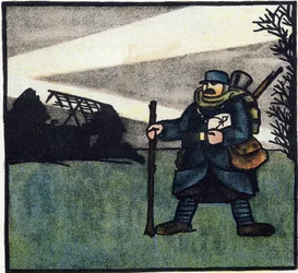 Ensimmäinen maailmansota 1914-1918 (14-18): Karvainen. Ranskalaisen armeijan sotilaan muotokuva sotilaspuvussa, jolla on reppu, laukku ja kivääri. Kaiverrus "Suuren sodan aakkoset 1914-1916 (sotilaidemme lapsille)". Editions Berger-Levrault