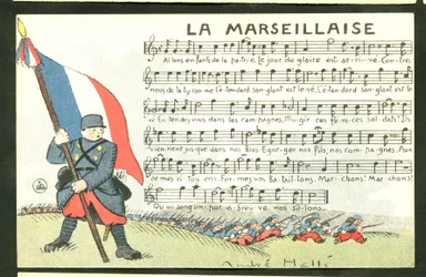 Postikortti, satiirinen väreissä: Helle (1875-1945): La Marseillaise - sota 14-18, Marseillaise, Laulava kuvitus.