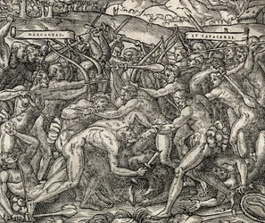 Taistelu Margageaz- ja Tabajares-heimojen välillä, kaiverrus Universal Cosmologysta, Andre Thevet (1504-1592)