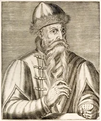 Johannes Gutenberg: saksalainen keksijä, jonka keksimä irtokirjakkeita käyttävä painokone käynnisti kirjapainovallankumouksen, André Thévet