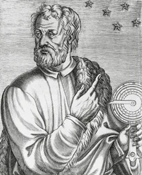 Muotokuva Christopher Columbuksesta (1451-1506), italialainen navigaattori, kaiverrus teoksesta The True Portraits and Lives of Illustrious Men