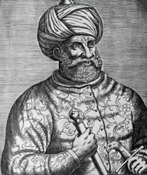 Muotokuva Khayr al-Dinistä, joka tunnetaan nimellä Barbarossa (1465-1546), turkkilainen korsaari ja amiraali, Andre Thevetin (1502-1590) kaiverrus