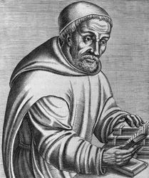 Rabanus Maurus Magnentiuksen (kuollut 856), saksalaisen benediktiiniläismunkin ja teologin muotokuva, Andre Thevetin kaiverrus da Les vrais pourtraits et vies des hommes illustrés grecz, latins et pagans