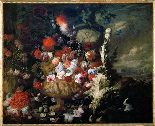 Maljakko, jossa on kukkia ja hedelmiä maisemassa - Vase de fleurs et fruits dans un paysage ...