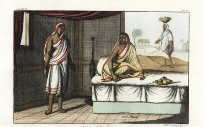 Diferentes tipos de sari e roupas usadas pelas mulheres indianas. Mulher distinta em sari e véu sentada no sofá, e mulher de nível inferior em sari curto. Placa de cobre colorida à mão desenhada e gravada por Andrea Bernieri após Francois Solvyns de Giulio
