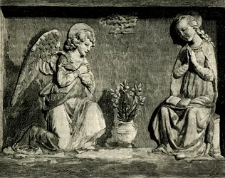 Ilmoitus, Andrea Della Robbia (1435-1525 tai 1528), Madonna del Buon Consiglion oratorio, Prato, Toscana, Italia, puupiirros Le cento citta d