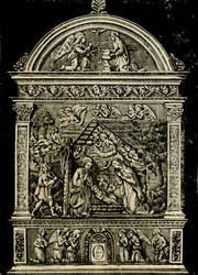 Seimi, Andrea della Robbian terrakottaalttaritaulu, Saint Claren kirkosta, Sansepolcron kaupunginmuseo, Toscana, Italia, puupiirros Le cento citta d