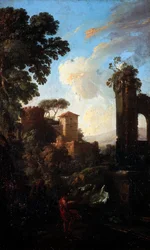 Maisema raunioilla ja maalari, Andrea Locatelli (1695-1741), öljy kankaalle, 41x25 cm.