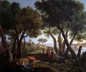 Maisema naisia kaivolla, Andrea Locatelli (1695-1741), öljy kankaalle, 61x73 cm.