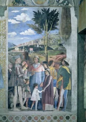 Kardinaali Francesco Gonzagan saapuminen, kun hänen isänsä Marchese Ludovico Gonzaga III ja hänen veljensä tervehtivät häntä, Camera degli Sposi tai Camera Picta, 1465-74, fresko, kuva 78449.
