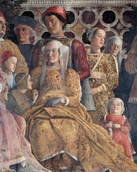 Brandenburgilainen Barbara tyttärensä Paulan ja Rodolfo Gonzagan kanssa, yksityiskohta Court Wallista, Andrea Mantegna (1431-1506), fresko, San Giorgion linna, hääkammio tai Camera Picta, Mantova
