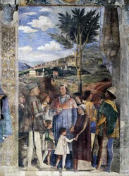 L. Gonzaga, hänen poikansa kardinaali Francesco Gonzaga, Federico I Gonzaga, Francesco, Sigismondo, oikealla, Pyhän Rooman keisari Fredrik III, Tanskan Christian I, Kokouksen seinä, yksityiskohta (fresko)