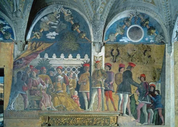 Marchese Ludovico Gonzaga III, hänen vaimonsa Barbara Brandenburgilainen, heidän lapsensa, hoviherransa ja koiransa Rubino, Camera degli Sposista tai Camera Pictasta, 1465-74
