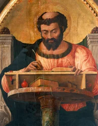 Pyhä Luke pöydällä, yksityiskohta Andrea Mantegnan (1431-1506) Pyhän Luukkaan alttaritaulusta, tempera puulla