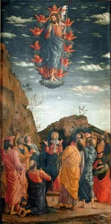 Nousu. Andrea Mantegnan (1431-1506) maalaus 1460. 86x42,5 cm. Firenze, Galleria degli Uffizi. - Kristuksen taivaaseenastuminen, Andrea Mantegna (1431-1506). Tempera puulle, 86x42,5 cm