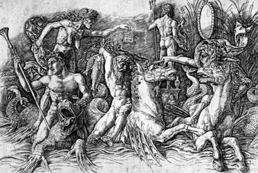 Merijumalien taistelu, Andrea Mantegna (1431-1506), kaiverrus. Yksityiskohta.