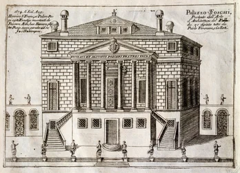 La Malcontentana tunnetun Villa Foscarin pääjulkisivu Mirassa, suunnittelijana Andrea Palladio (1508-1580), kaiverrus Vincenzo Coronellin (1650-1718) teoksesta "Brentan kanavaa pitkin, melkein Venetsian kaupunginosa", Venetsia