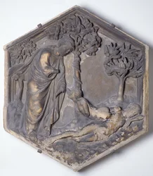 Eevan luominen, kuusikulmainen koristeellinen kohokuvio laatta sarjasta, joka kuvaa Genesiksen jaksoja, mahdollisesti perustuen Giotton (n. 1266-1337) suunnitelmiin n. 1334-48 (marmori)