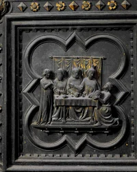Johannes Kastajan pään esittäminen kuningas Herodekselle (21 eKr.-39 jKr.), San Giovannin kastekirkon eteläovien seitsemästoista paneeli, 1336 (pronssi).