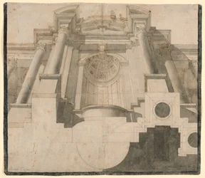 Alhaalta nähty arkkitehtuuri, luonnos kuvalaattaan 55 Andrea Pozzon teoksessa "Perspectiva pictorum et architectorum"