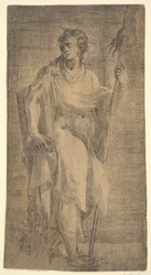 Pyhimys, mahdollisesti Matteus, pitelemässä sauvaa ja kirjaa, noin 1540-50.